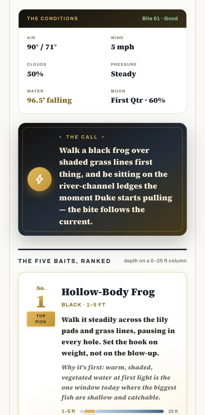 Today’s AI Game Plan on a phone — the call, then the ranked baits