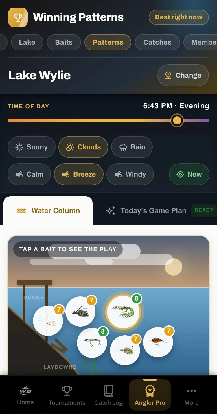 Winning Patterns on a phone — baits placed at their real depths on the water column